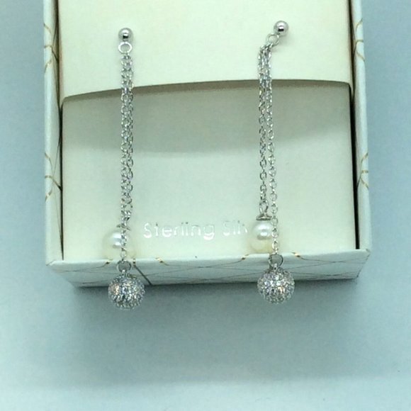 Simply Silver Drop chain dangle Earrings Faux Pearls Sterling Silver‎ - Picture 1 of 4